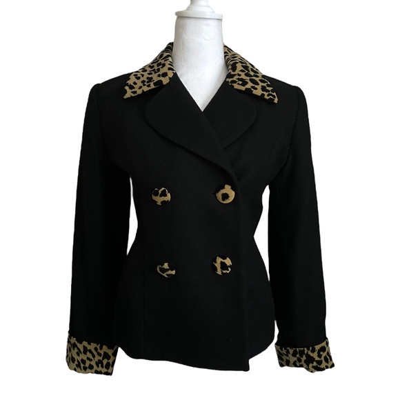Vintage Bloomingdales Double Breasted Blazer Wool Leopard Animal Print Size 4 - Picture 2 of 9